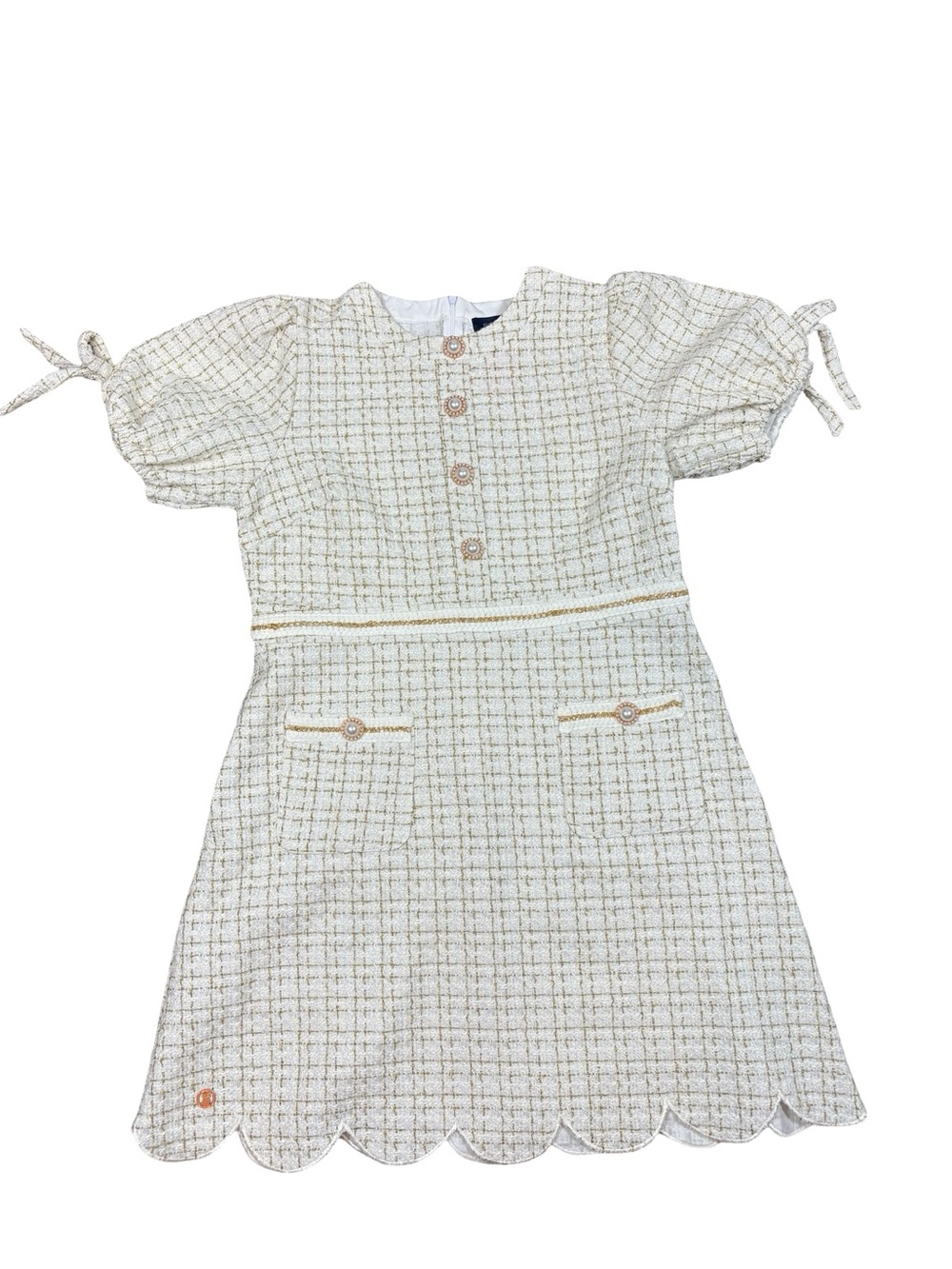 Simply Southern Cream Tweed Puff-Sleeve Scalloped Hem Mini Dress SzL - Picture 14 of 16